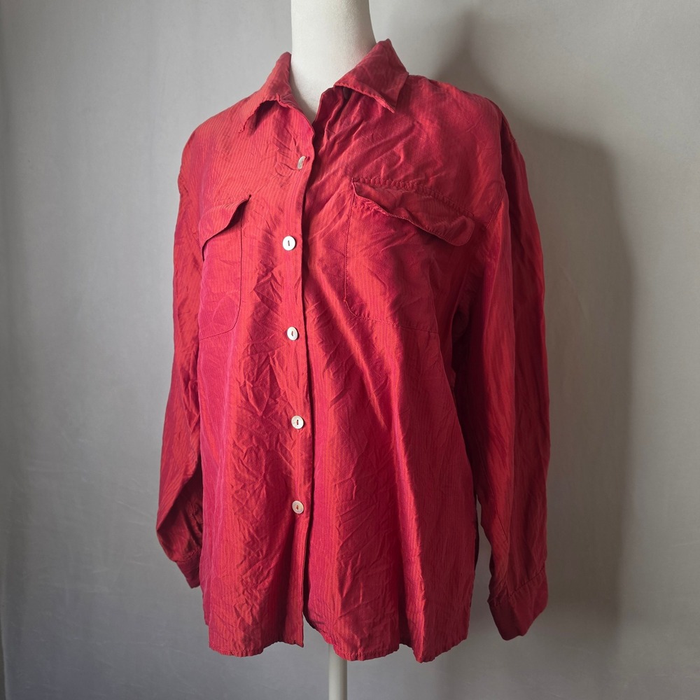 Silk Essentials Iridescent Red Silk Herringbone Button Up Shirt Long Sleeve Top
